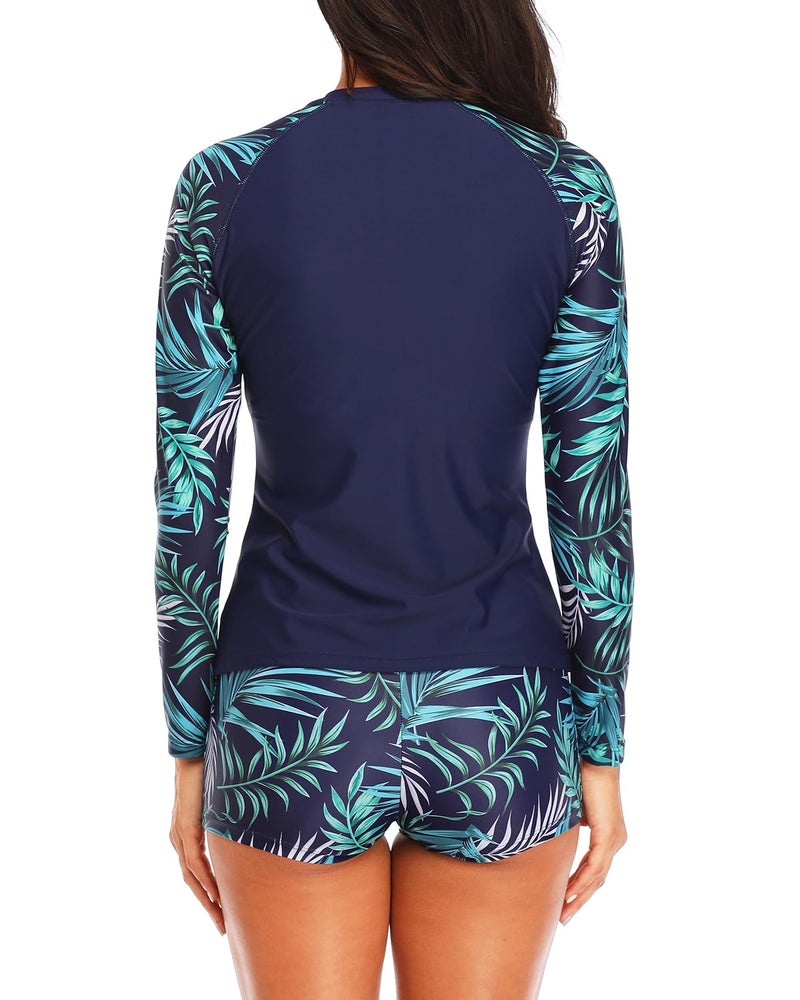 Daci Women Blue Leaves Two Piece Rash Guard Long Sleeve Swimsuits UV UPF 50+ Swim Shirt Bathing Suit with Boyshort Bottom XL - Image 2